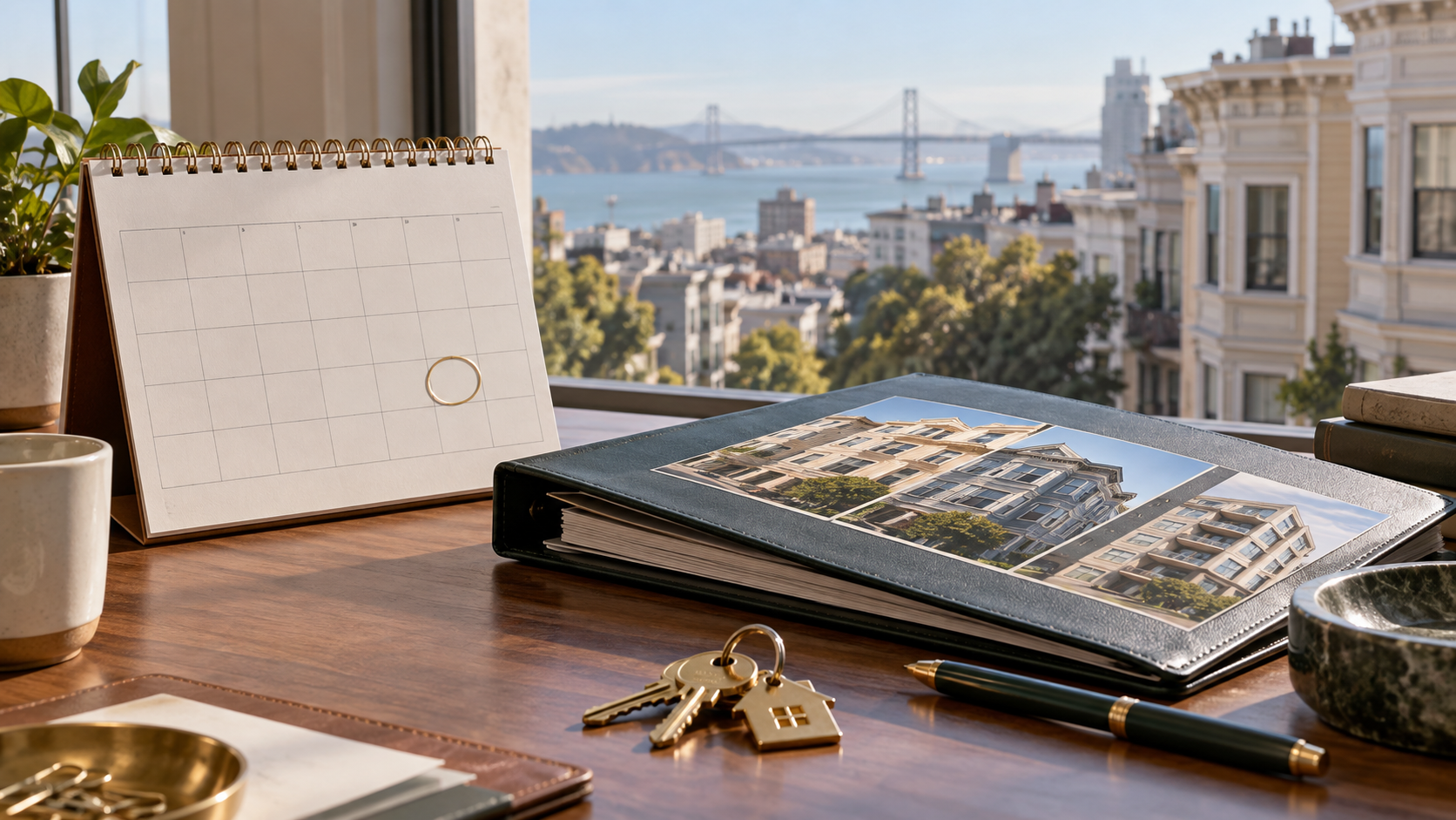 Line illustration of a calendar and multi-building portfolio.