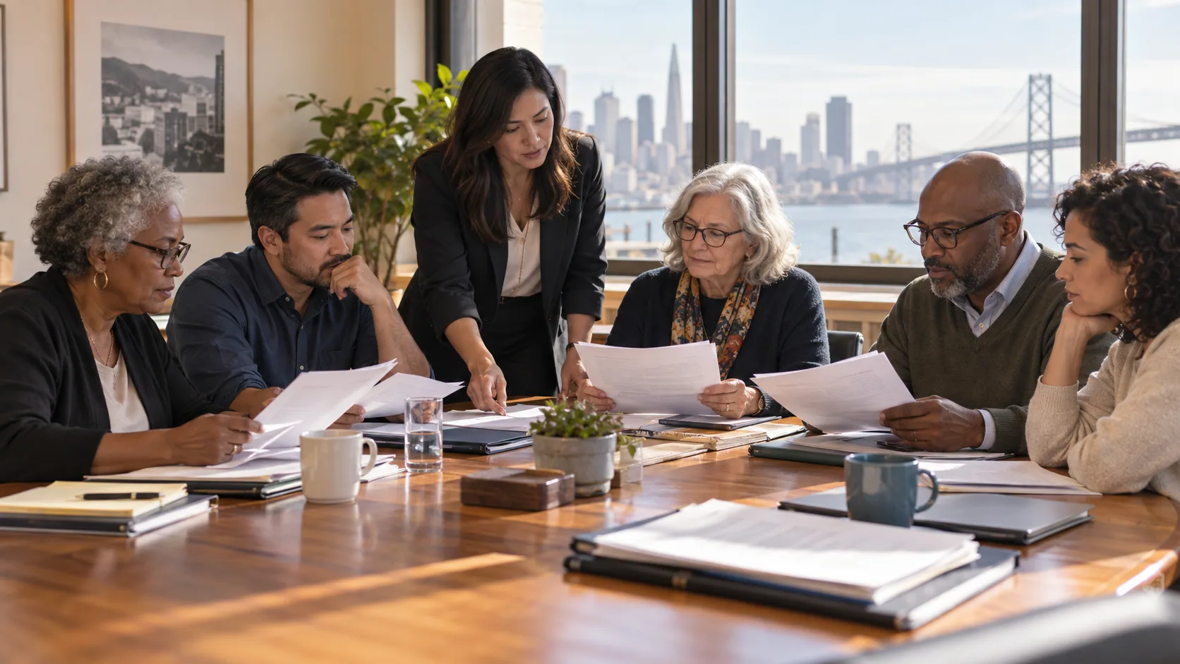 Nonprofit board members reviewing a renewal packet around a community meeting table.
