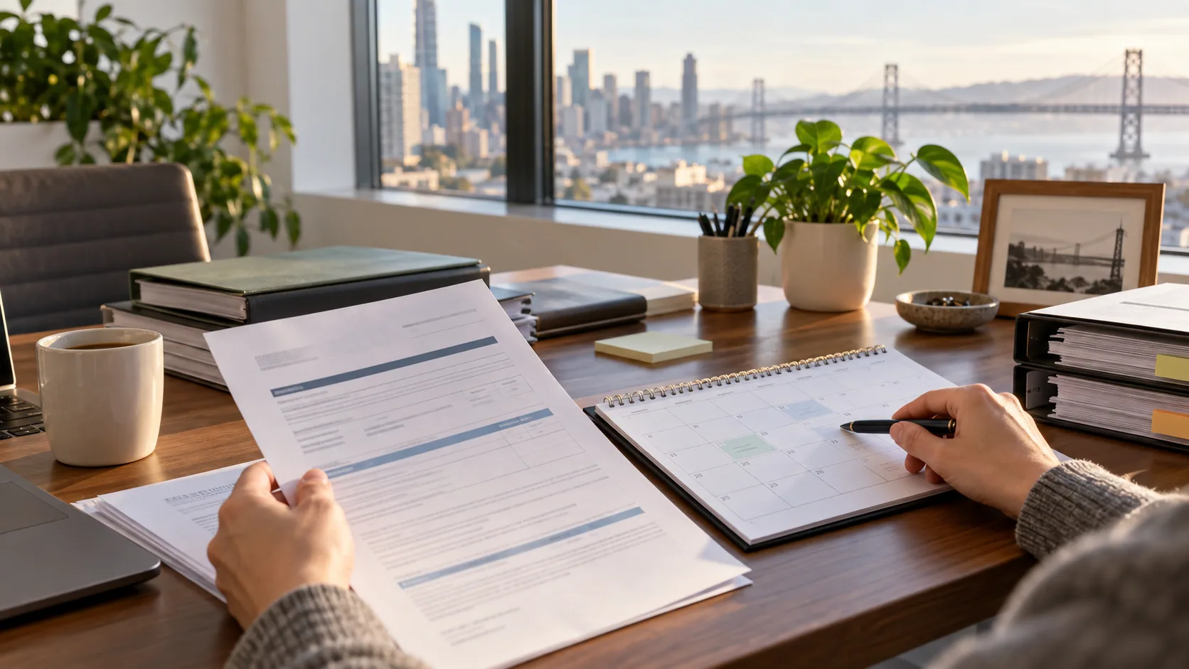Calendar, policy declarations, and nonprofit meeting notes arranged on a desk.