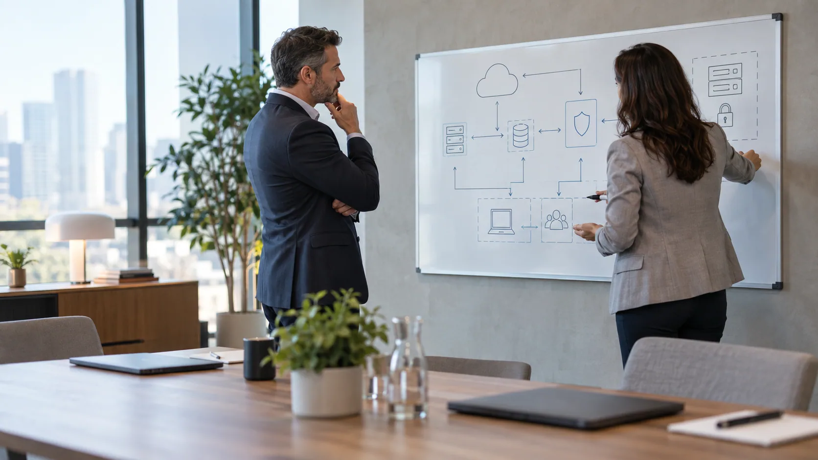 Professional-services team mapping client information flow on a whiteboard.