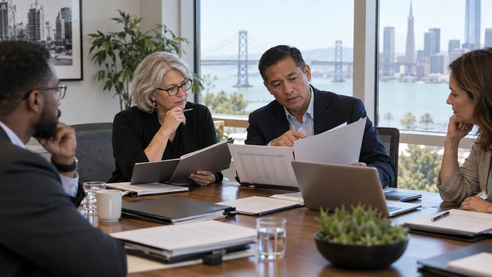 Nonprofit leaders comparing directors-and-officers proposal documents at a board table.