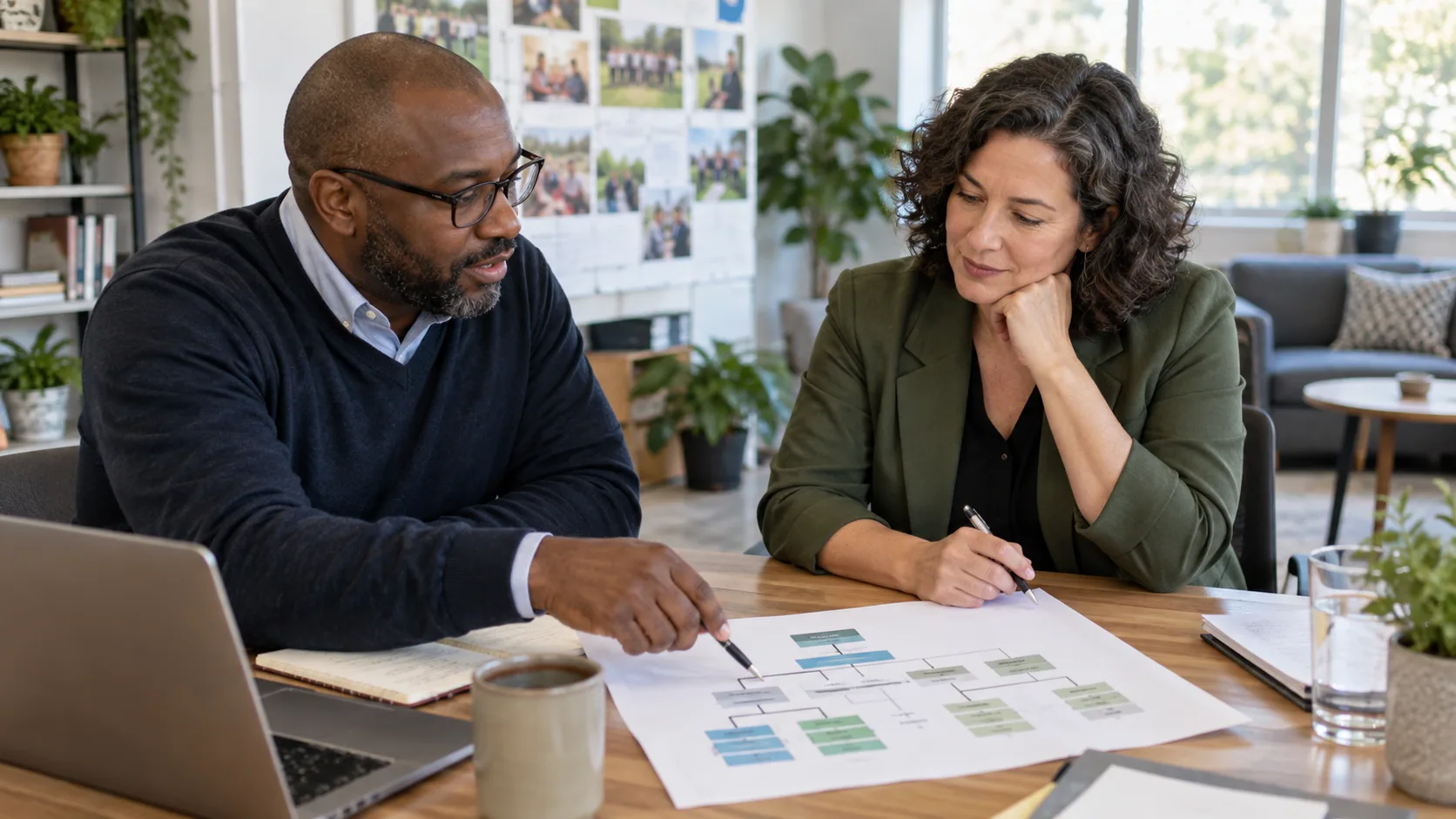 Human resources lead and program manager reviewing a workforce plan in a nonprofit office.