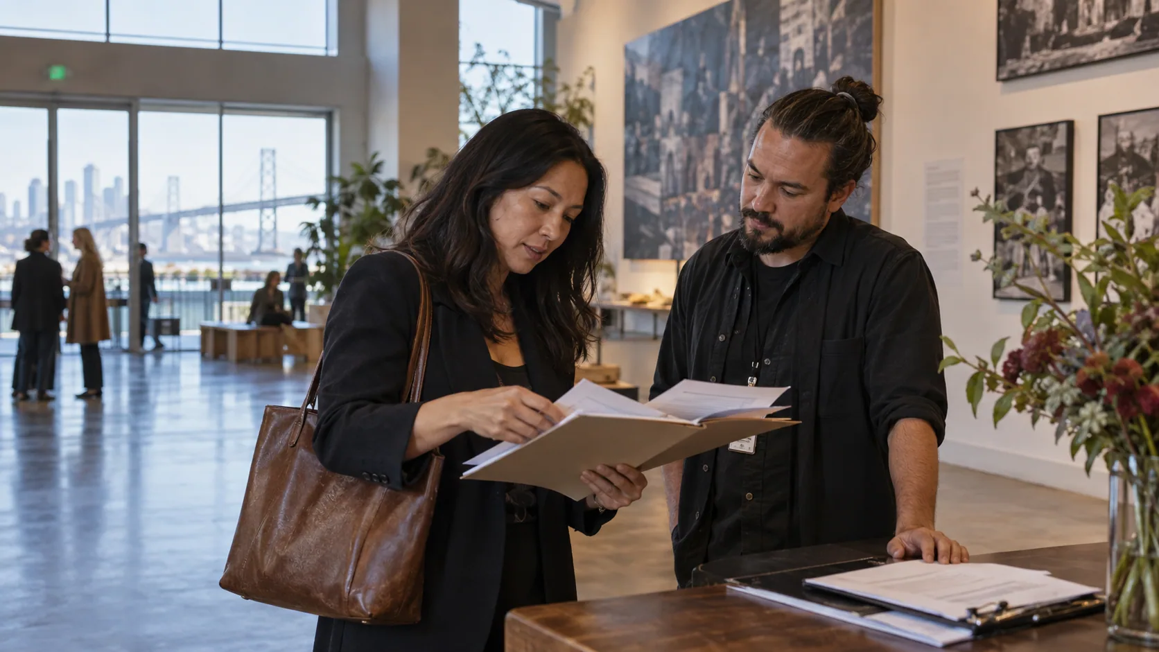 Program director reviewing a venue agreement and insurance exhibit before an event.