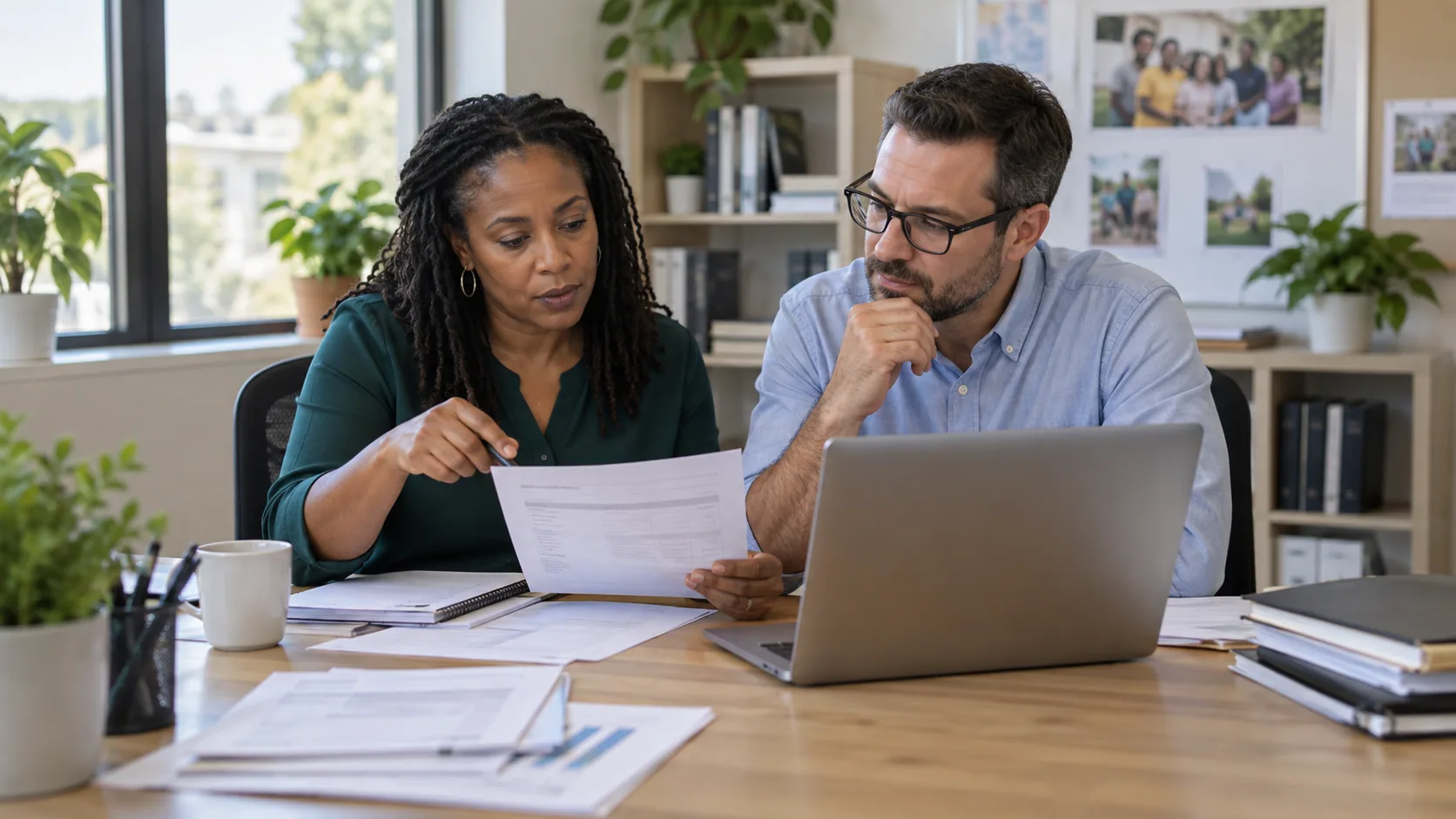 Finance team comparing payment-approval workflow documents beside a laptop.