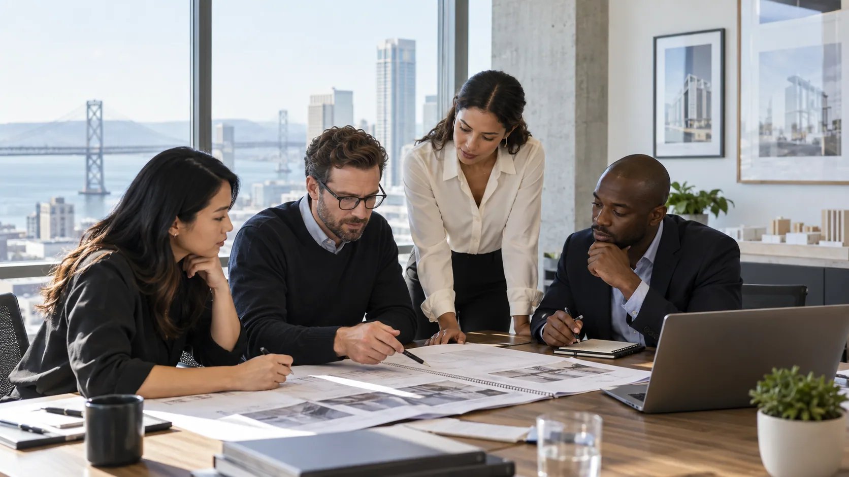 Professional-services team reviewing a client statement of work and project plan.