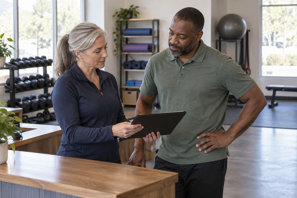 Two adults discussing studio operations beside a fitness reception desk.