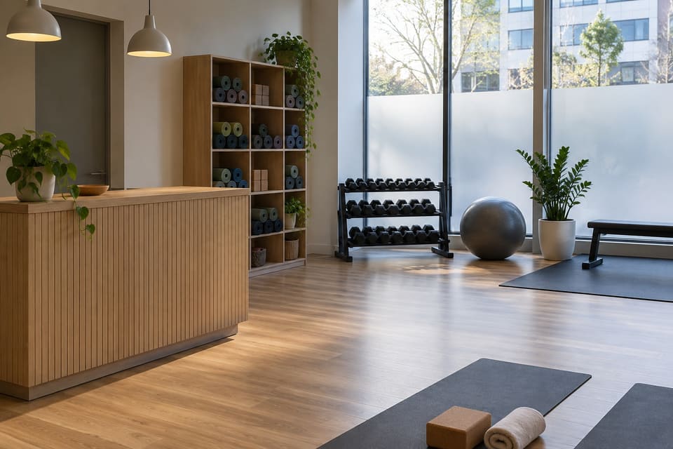 A daylit fitness studio with a reception counter, stored mats and hand weights.