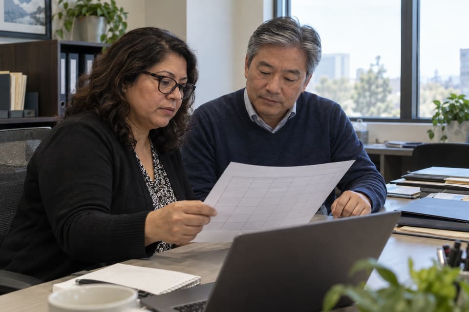 Two adults reviewing a planning sheet in a healthcare administration office.