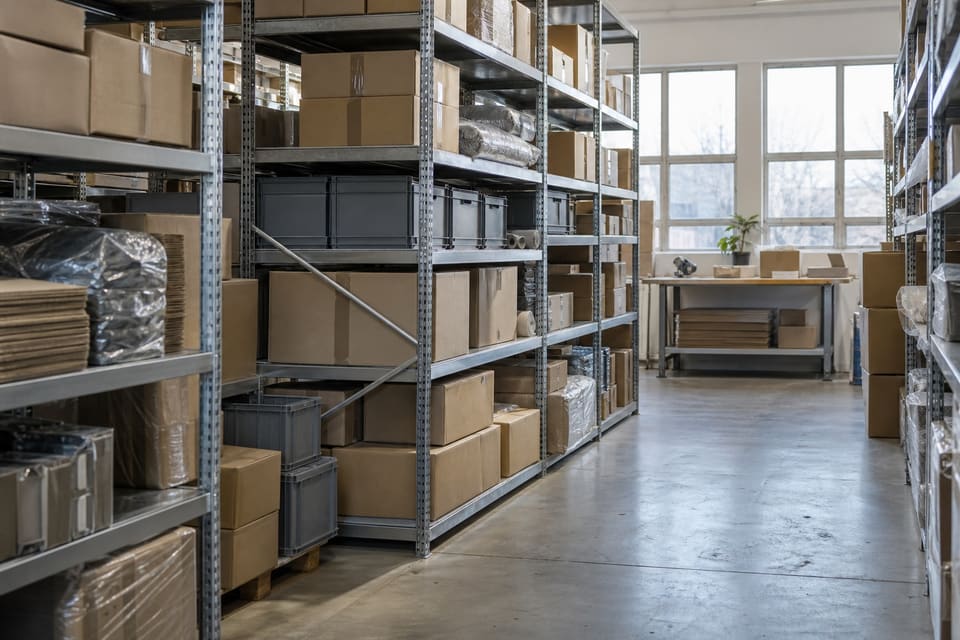 Cartons and reusable crates on steel stockroom shelves beside a clear aisle and packing table.