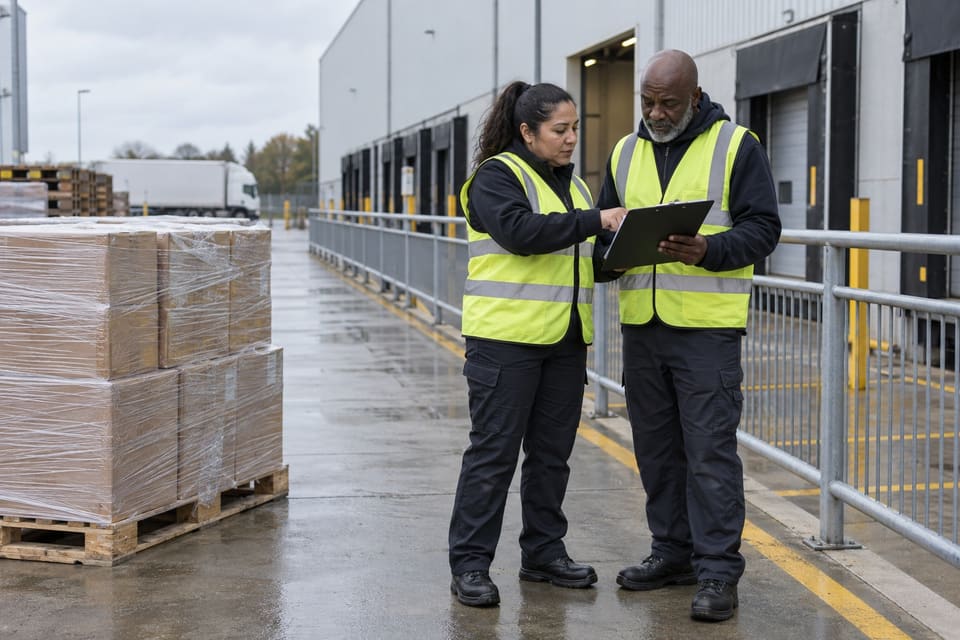 Two adults in high-visibility vests reviewing a clipboard beside a warehouse loading area.
