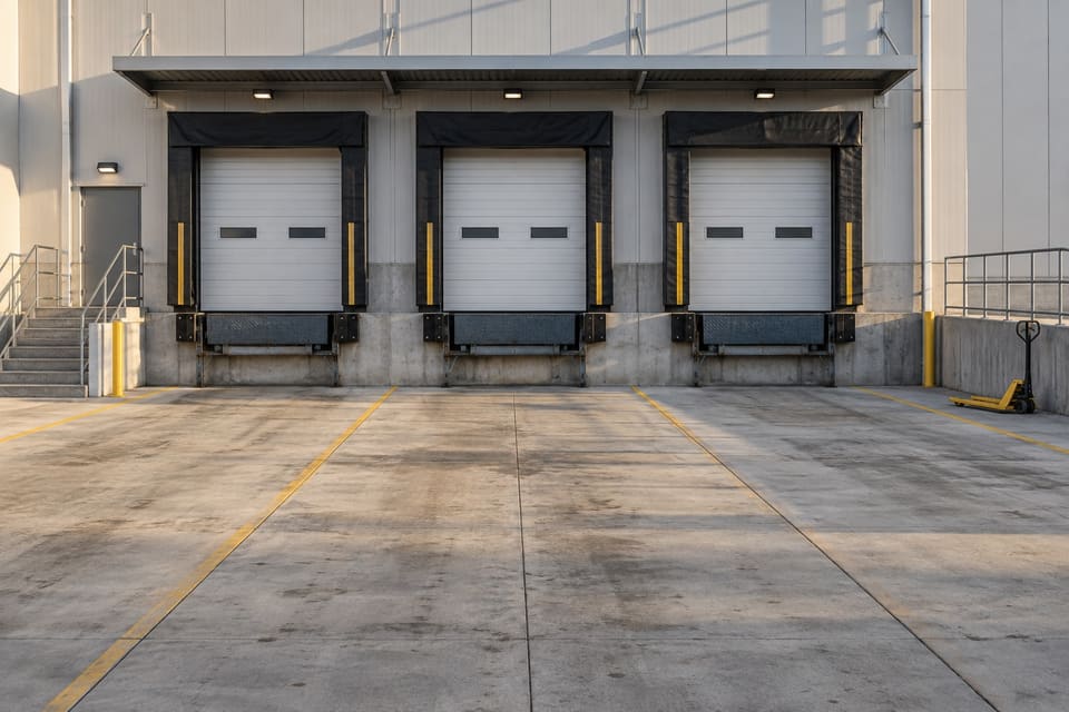 Empty loading bays and a lowered manual pallet jack in morning light.