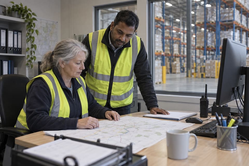 Two dispatch colleagues studying paperwork in an office overlooking warehouse racks.
