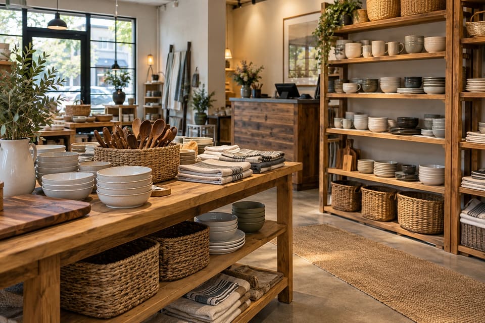 Daylight falling across ceramics, baskets and linens in a shop interior.