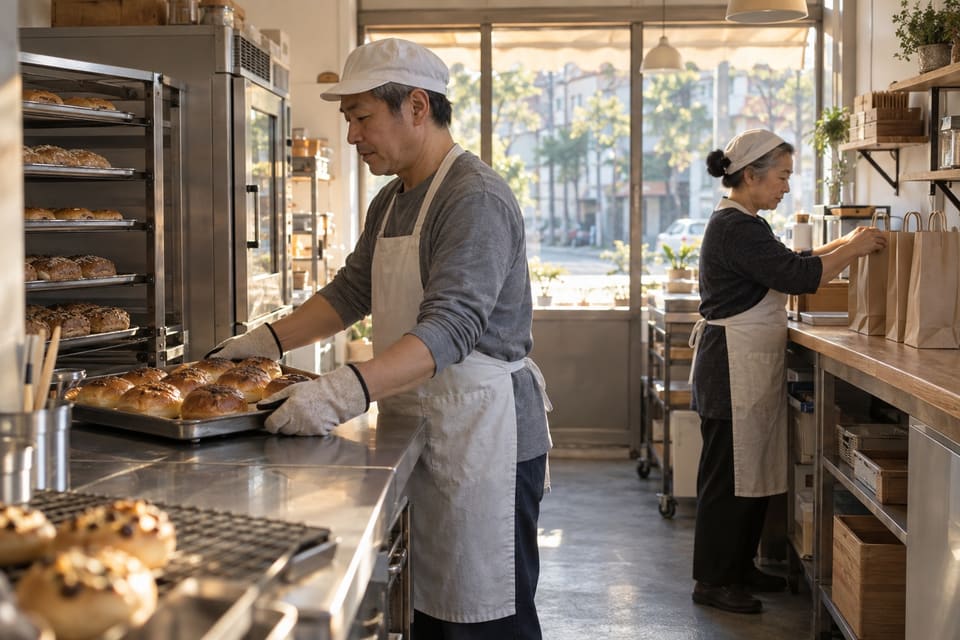 Two adults preparing bread trays and paper bags in a bakery before opening.