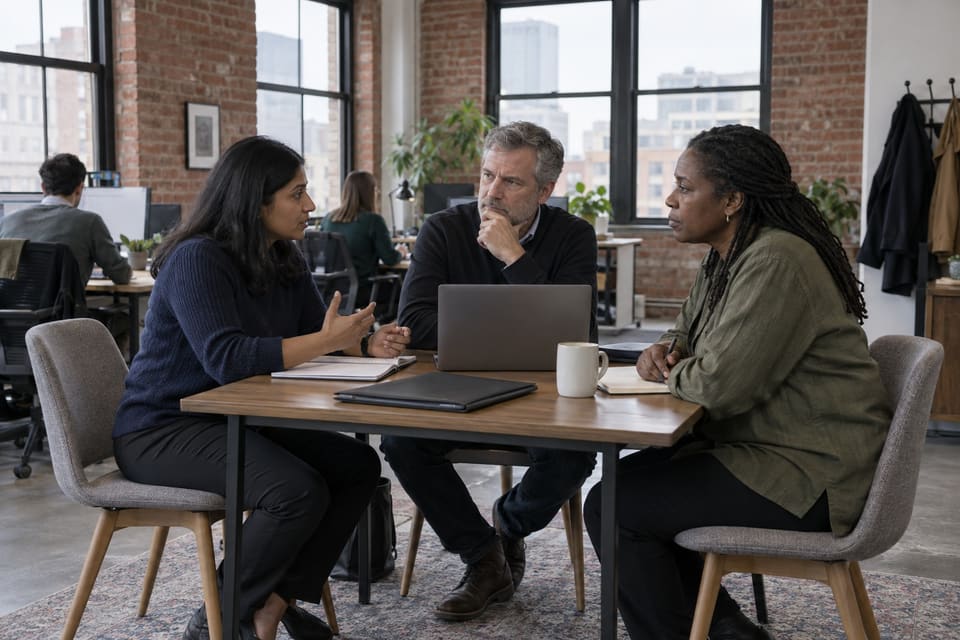 Three colleagues discussing paperwork in a modest office with exposed brick.