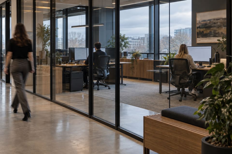 Office workstations and a corridor viewed through an interior glass partition.