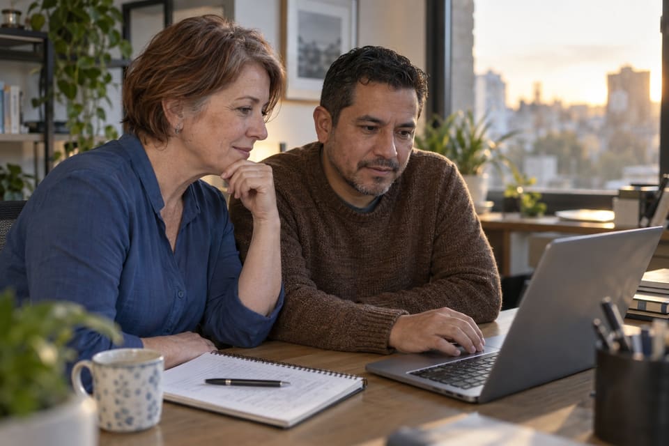 Two colleagues looking at a laptop and notes beside an office window.