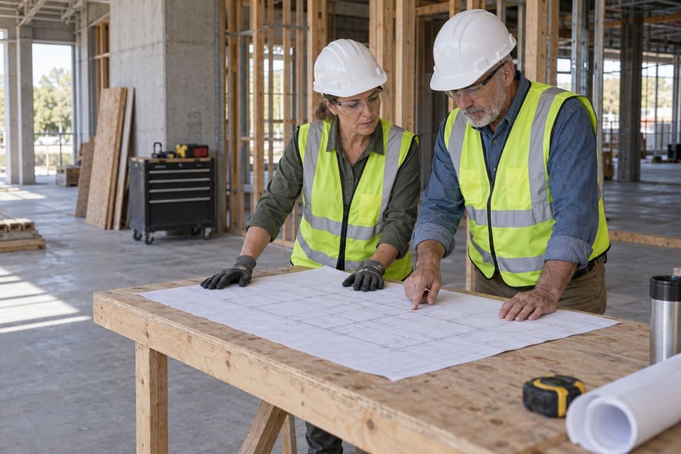 Two adults in hard hats, safety glasses and reflective vests reviewing a drawing at a construction site.
