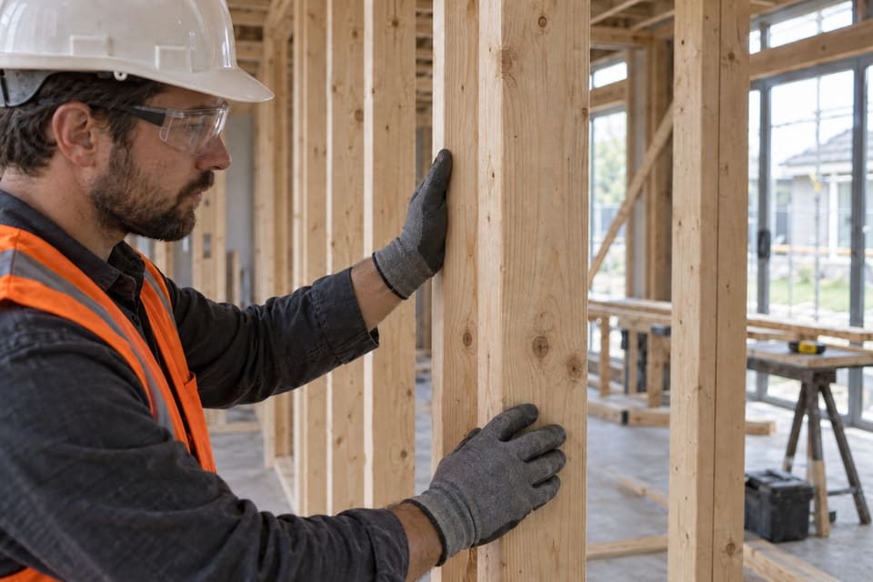 A carpenter in protective clothing steadying a timber stud inside a building under renovation.
