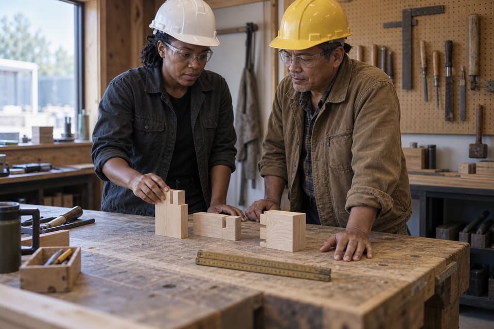 Two adults wearing hard hats and safety glasses examining timber joint samples at a workbench.