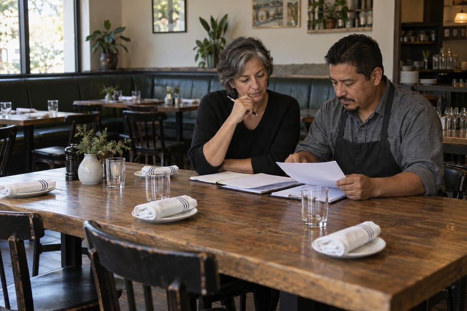Two adults reviewing documents at a restaurant table before service.