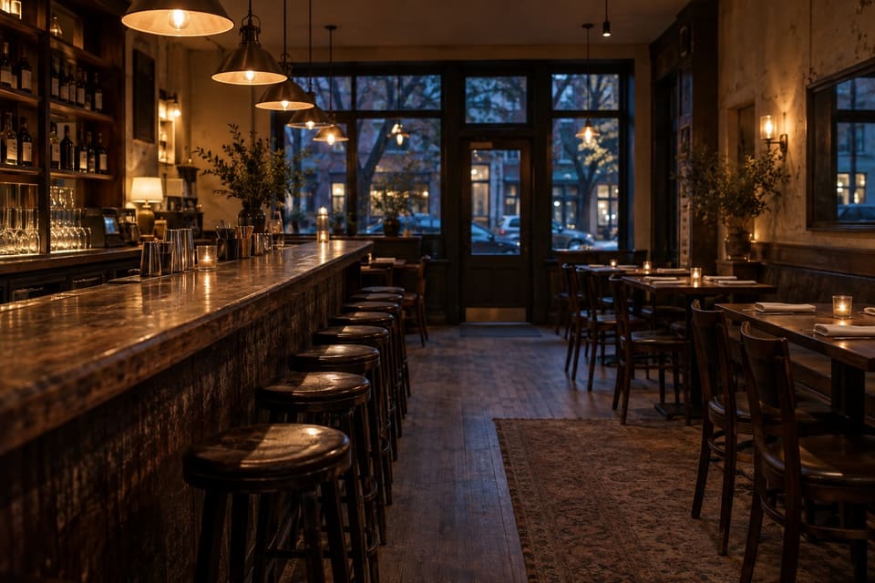 An empty restaurant and wood bar with stools, folded linens and warm pendant lights.