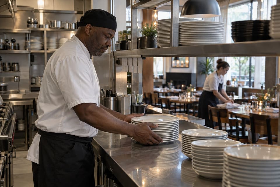 A cook arranging clean plates at a kitchen pass while another worker prepares the dining room.