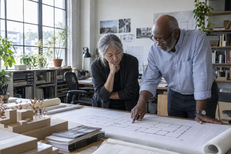 Two adults studying a building plan in a daylight architecture studio.