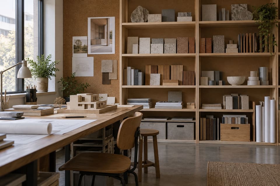 Stone and wood samples beside a model in an architectural workspace.