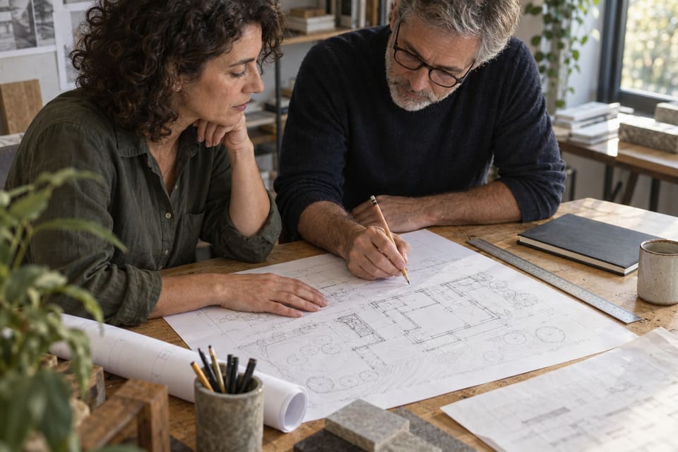 Two people reviewing an architectural drawing at a maple worktable.