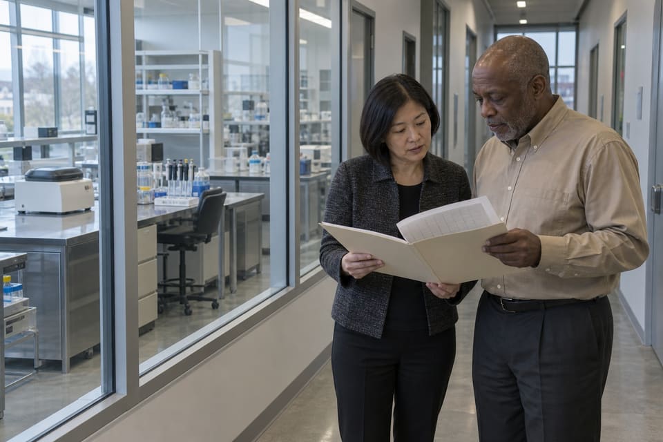 Two adults reviewing a folder beside the glass wall of a research laboratory.