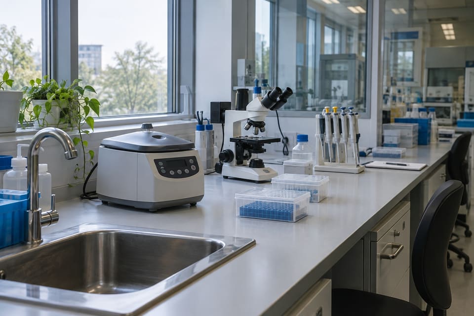 Daylit research laboratory benches with a closed centrifuge, microscope, and pipette racks.