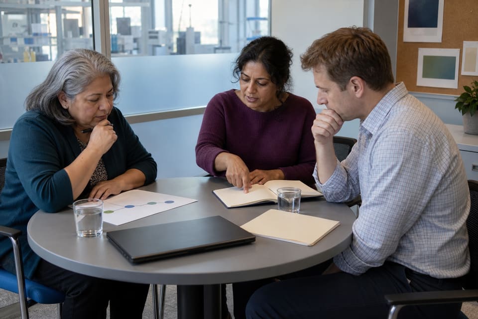 Three adults discussing a planning notebook in a small meeting room beside a laboratory.