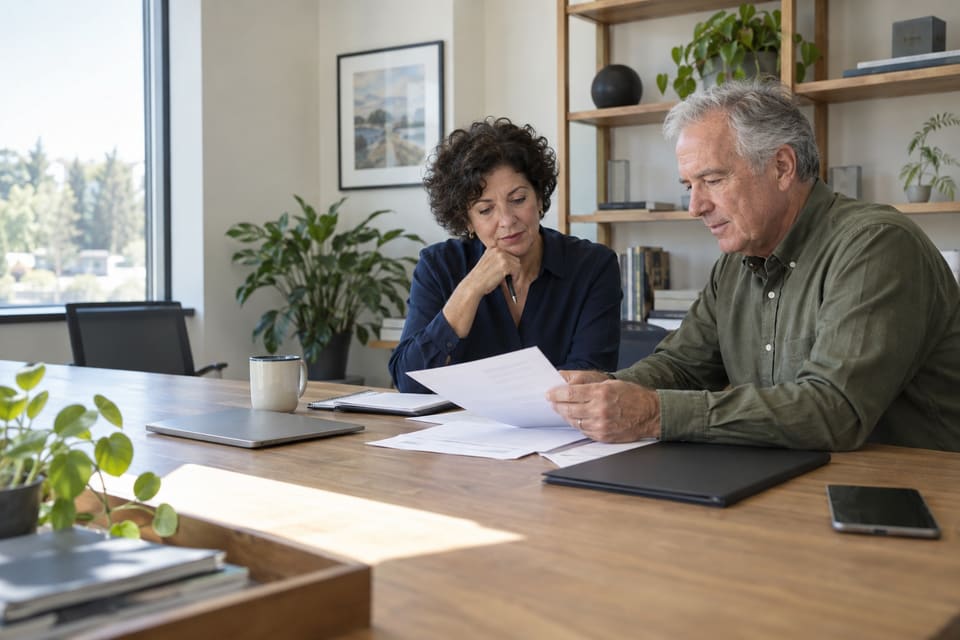 Two adults reviewing documents at an oak table in a daylight office.