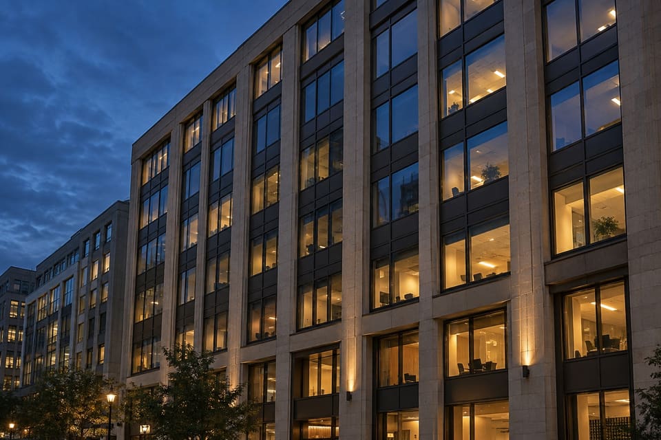 Illuminated office windows in a stone and bronze facade at dusk.