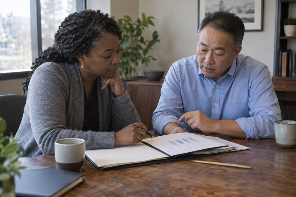 Two adults studying a paper chart in an open folder at a walnut table.