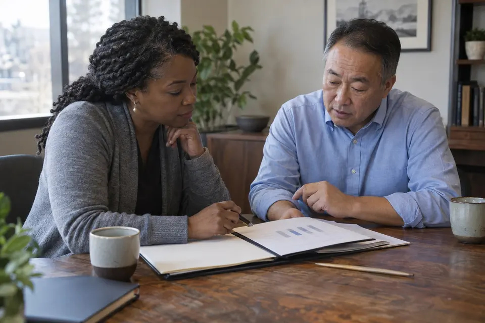 Two adults studying a paper chart in an open folder at a walnut table.