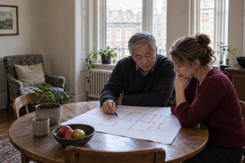 Two adults examine a building plan in a daylit common room.