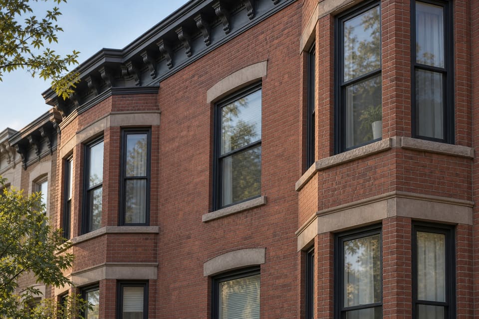 Brickwork, stone lintels, and bay windows on a multifamily building.
