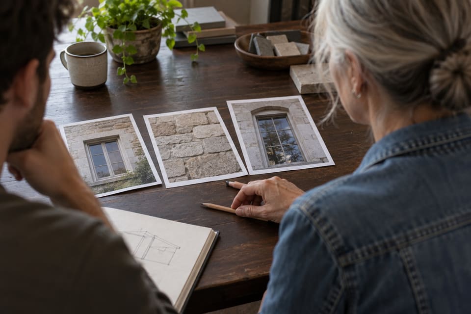 Printed building-detail photographs are reviewed at a wooden desk.