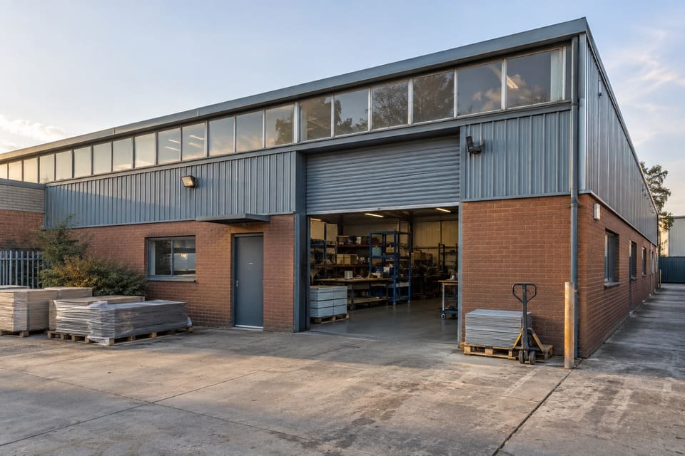 A brick and metal workshop exterior with an open loading bay, material pallets and a parked pallet jack.