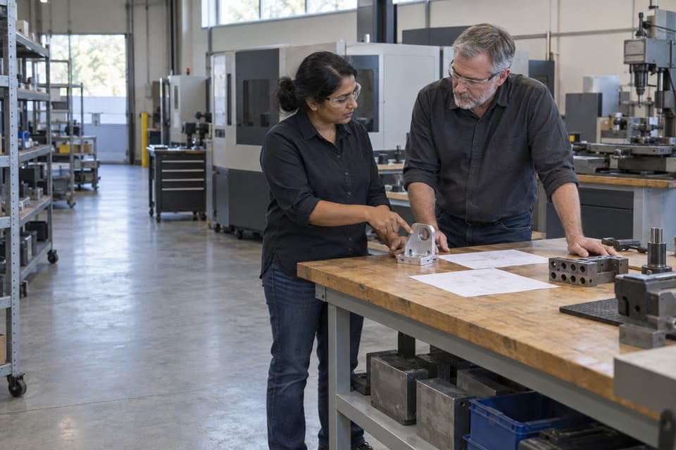 Two adults discuss a metal component at a workshop bench.
