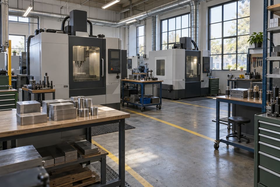Enclosed machines and workbenches line a small production floor.