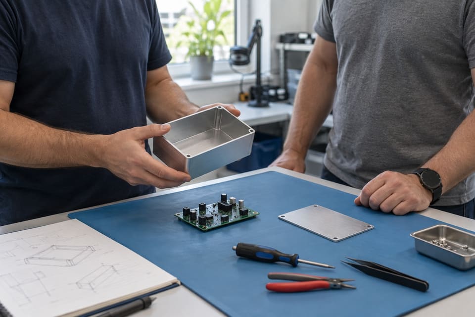 An aluminum enclosure and circuit board are examined at an assembly bench.