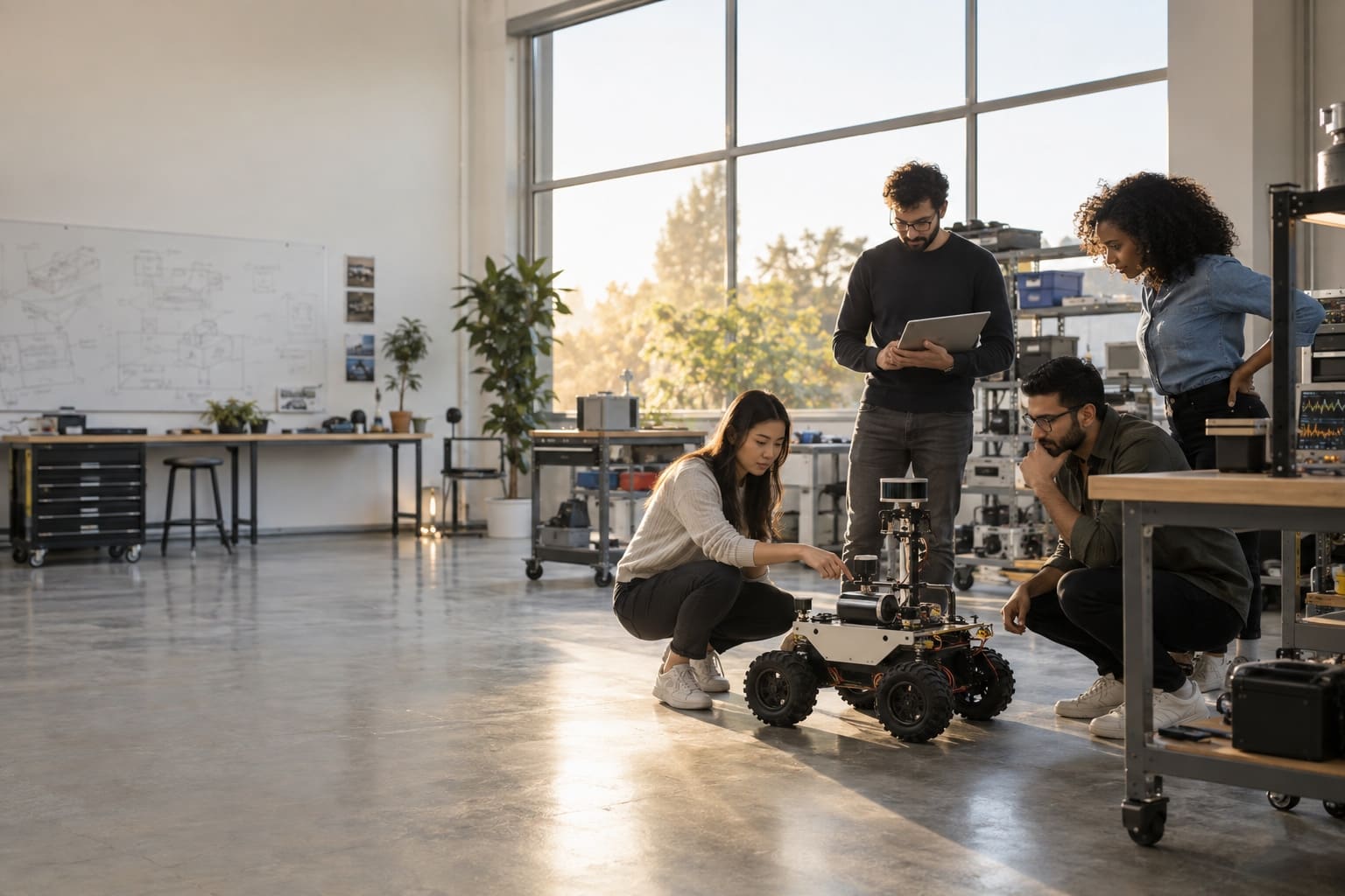 Engineering team reviewing a compact mobile robot in a startup workshop.
