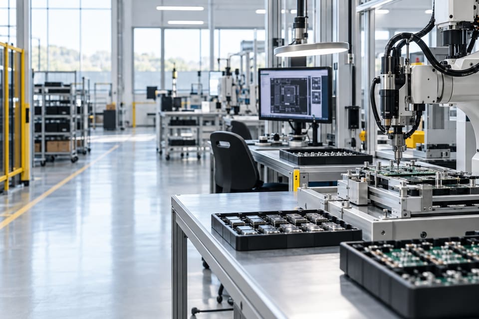 Electronics tooling and components at a small-batch manufacturing station.