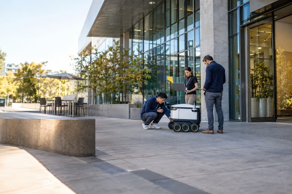 Robotics team preparing equipment at a commercial customer site.