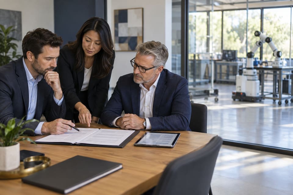 Business leaders reviewing documents in a robotics workspace.