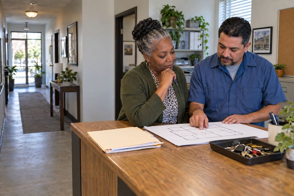 Two adults review a floor plan at a counter in a building office.