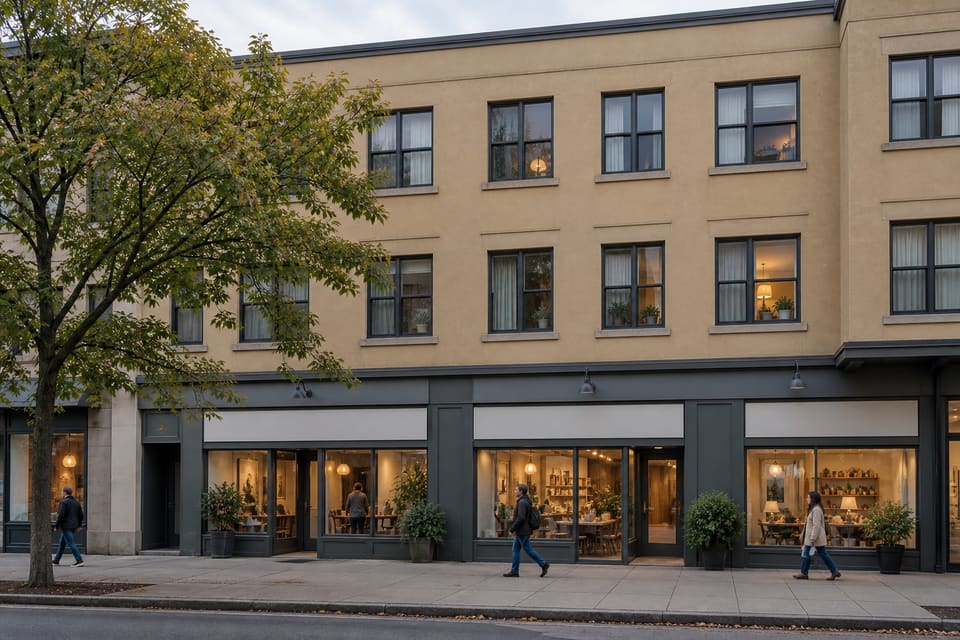 A mixed-use building with upper-floor windows and ground-floor storefronts.